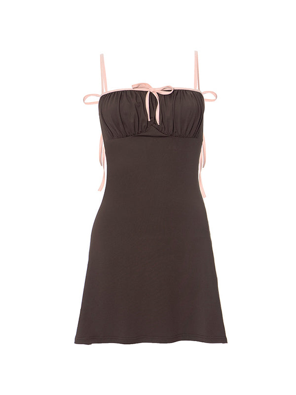 Brown Y2K Pleated Chest Backless Mini Dress with Bow