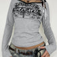 Contrast color vintage letter print long sleeve V neck t-shirt