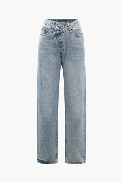 Blue Vintage Asymmetric Waist Straight Leg Jeans 