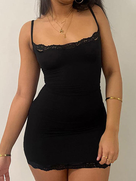 Black basic spaghetti straps lace trim mini dress