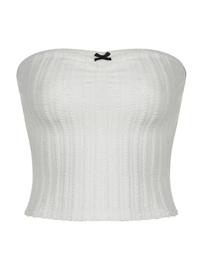 White Y2K Textured Bow Bandeau Top