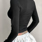 Classic black long sleeve shirt with V neck and lace embroidery