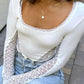 JY White T2K Lace Splice U Neck Cropped Long Sleeve Top/ White Y2K Lace Splice U Neck Cropped Long Sleeve Top