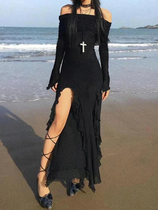 Black Punk Off Shoulder Ruffle Maxi Dress with High Slit