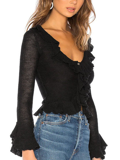 Solid color vintage V-neck ruffle long sleeve knit sweater