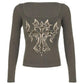 JY Gray Punk Cross Print Square Neck Low Cut Long Sleeve Tee / Gray Punk Cross Print Square Neck Low Cut Long Sleeve Tee