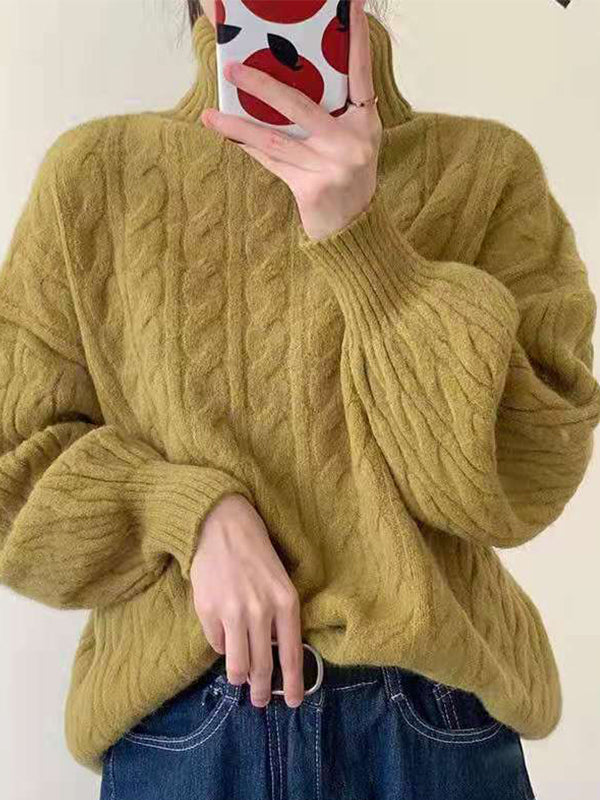 Y2K Solid Color High Collar Cable Knit Sweater 