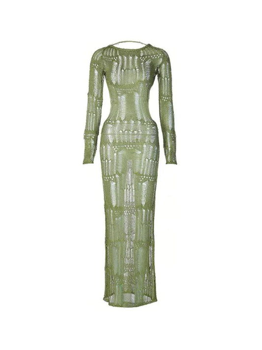 Green Vintage Backless See Through Maxi Dress