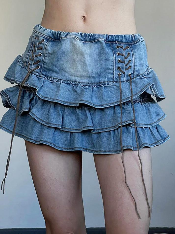 Blue Vintage Wrap High Rise Tiered Denim Mini Skirt