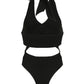 JY Black Sexy Halter Neck Tie Cutout Bodysuit / Black Sexy Halter Neck Tie Cutout Bodysuit