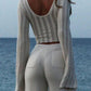 White Vintage Deep Neck Long Sleeve Top