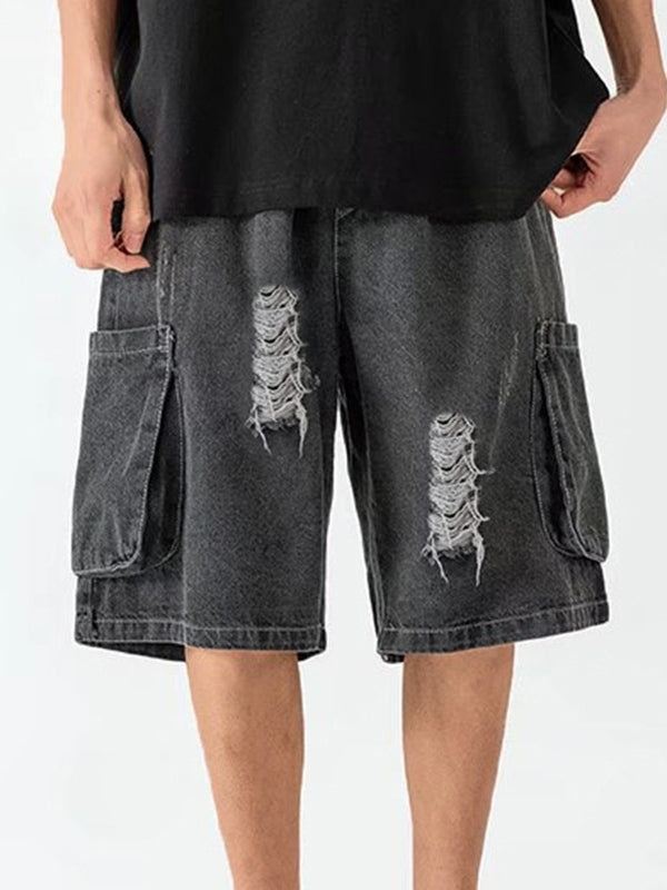 Dark grey vintage men's denim shorts with ripped pockets