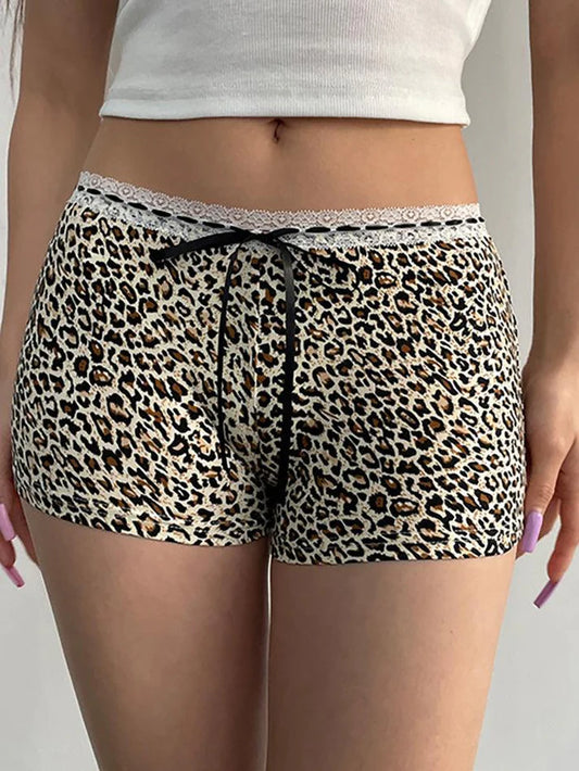 Punk Low Rise Leopard Print Shorts with Lace Trim