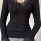 Classic black long sleeve shirt with V neck and lace embroidery