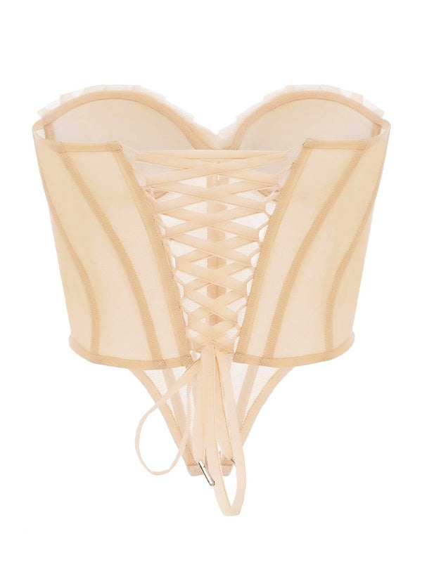 Apricot Sexy Pleated Shell Mesh Corset Top