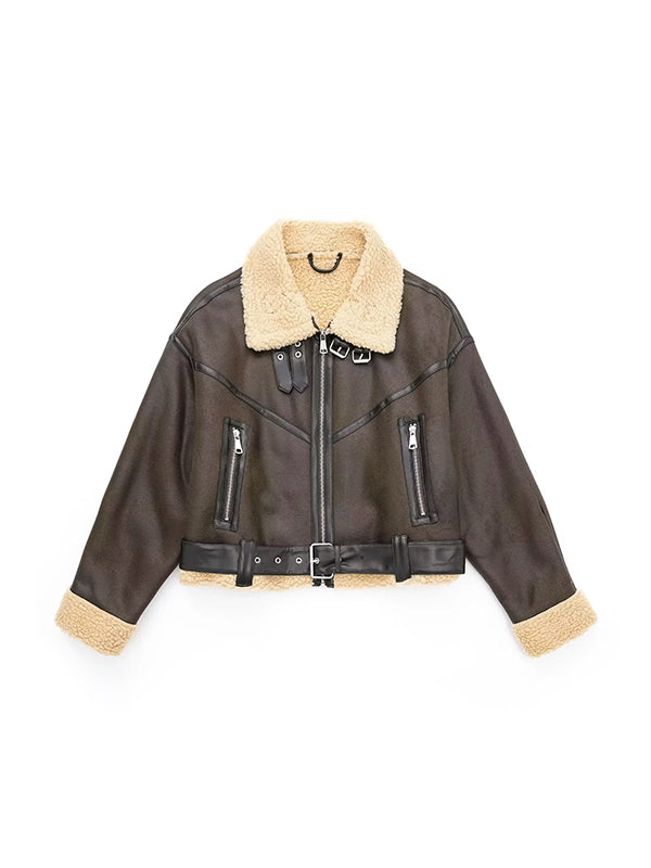 Classic brown leather jacket with lambswool lining and leather splice in short cut 