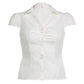 White vintage simple ruffle blouse with short sleeves and V neck