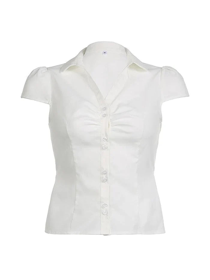 White vintage simple ruffle blouse with short sleeves and V neck