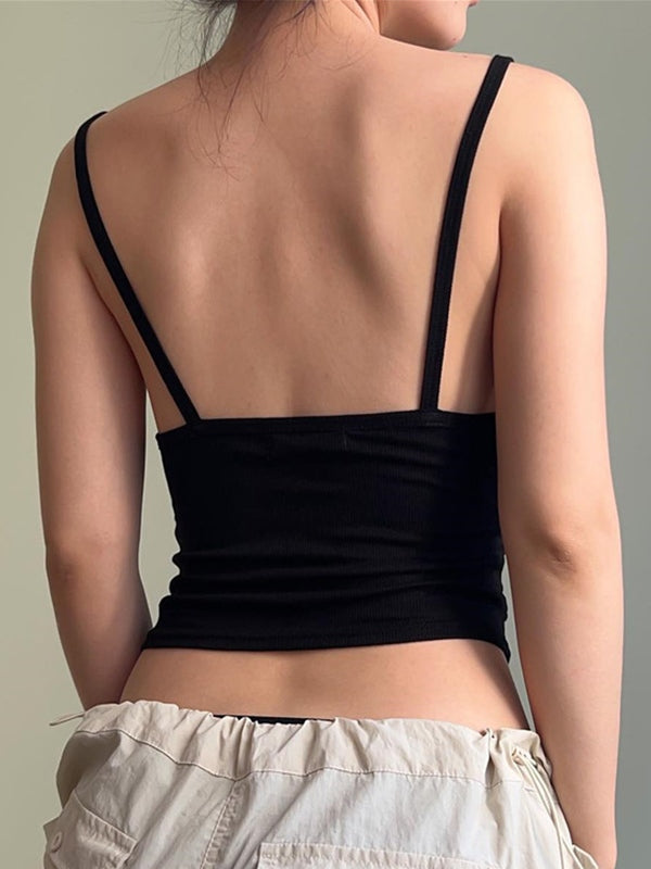 Black Vintage Pleated Backless Slim Camisole