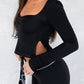 Black vintage long sleeve t-shirt with square neck and slit