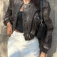 Vintage Solid Color Leather Bomber Jacket