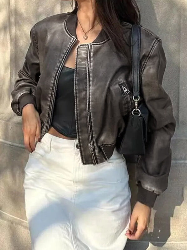 Vintage Solid Color Leather Bomber Jacket