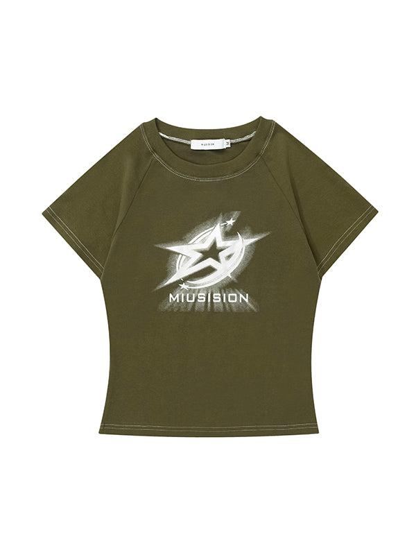 Green Y2K star print short sleeve t-shirt