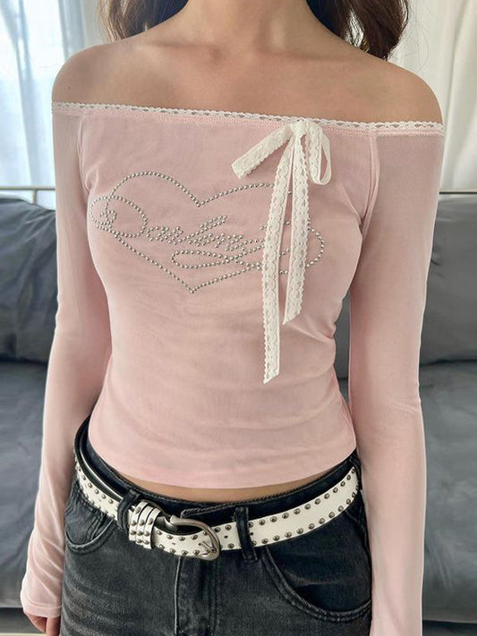 Vintage Lace Off Shoulder Heart Rhinestone Long Sleeve Shirt 