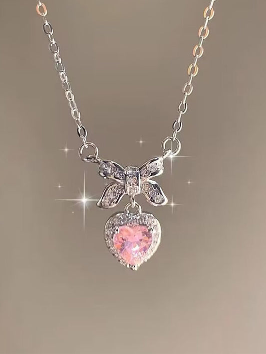 Pink Y2K Glitter Bow Heart Pendant Necklace