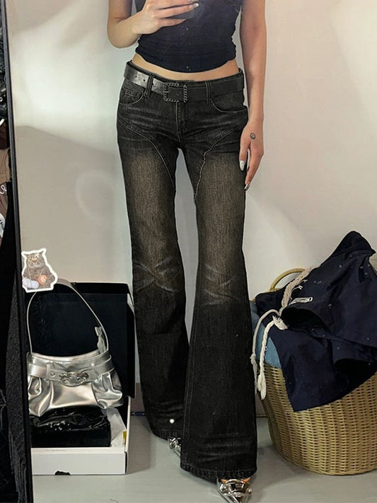 Dark vintage flared trousers with low waist and inserts