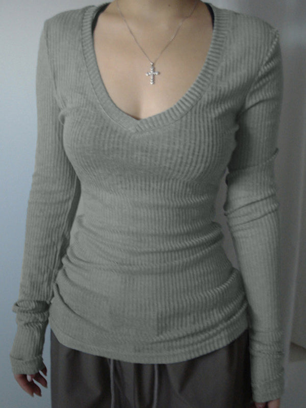 90s Gray Slim Fit Long Sleeve Knit Top