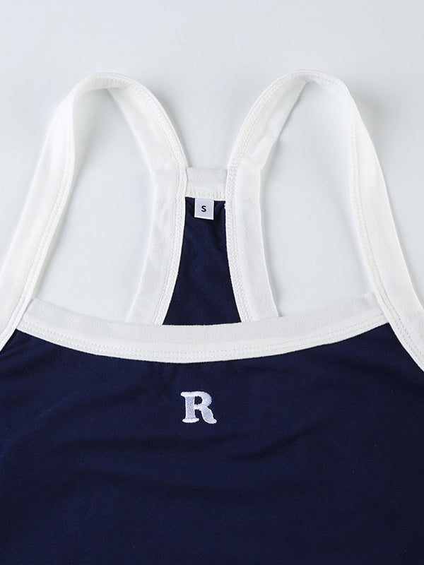 Navy Blue Retro Letter Embroidery Slim Fit Cami Crop Top