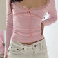 Pink Y2K Lace Up Long Sleeve U Neck Top