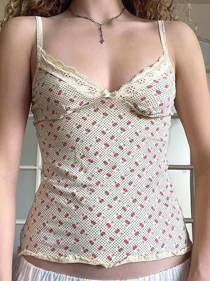 Bow lace tank top with cherry print