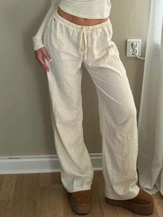 White Classic Drawstring Straight Pants