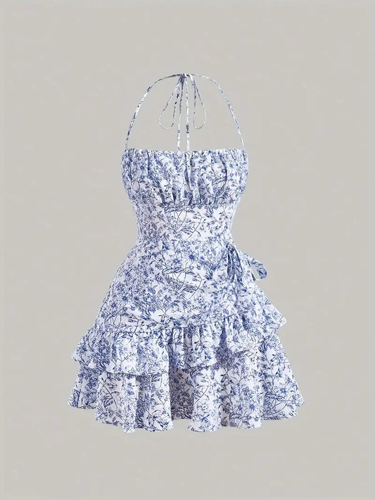 Blue French Floral Halter Dress with Tiered Ruffle Hem 