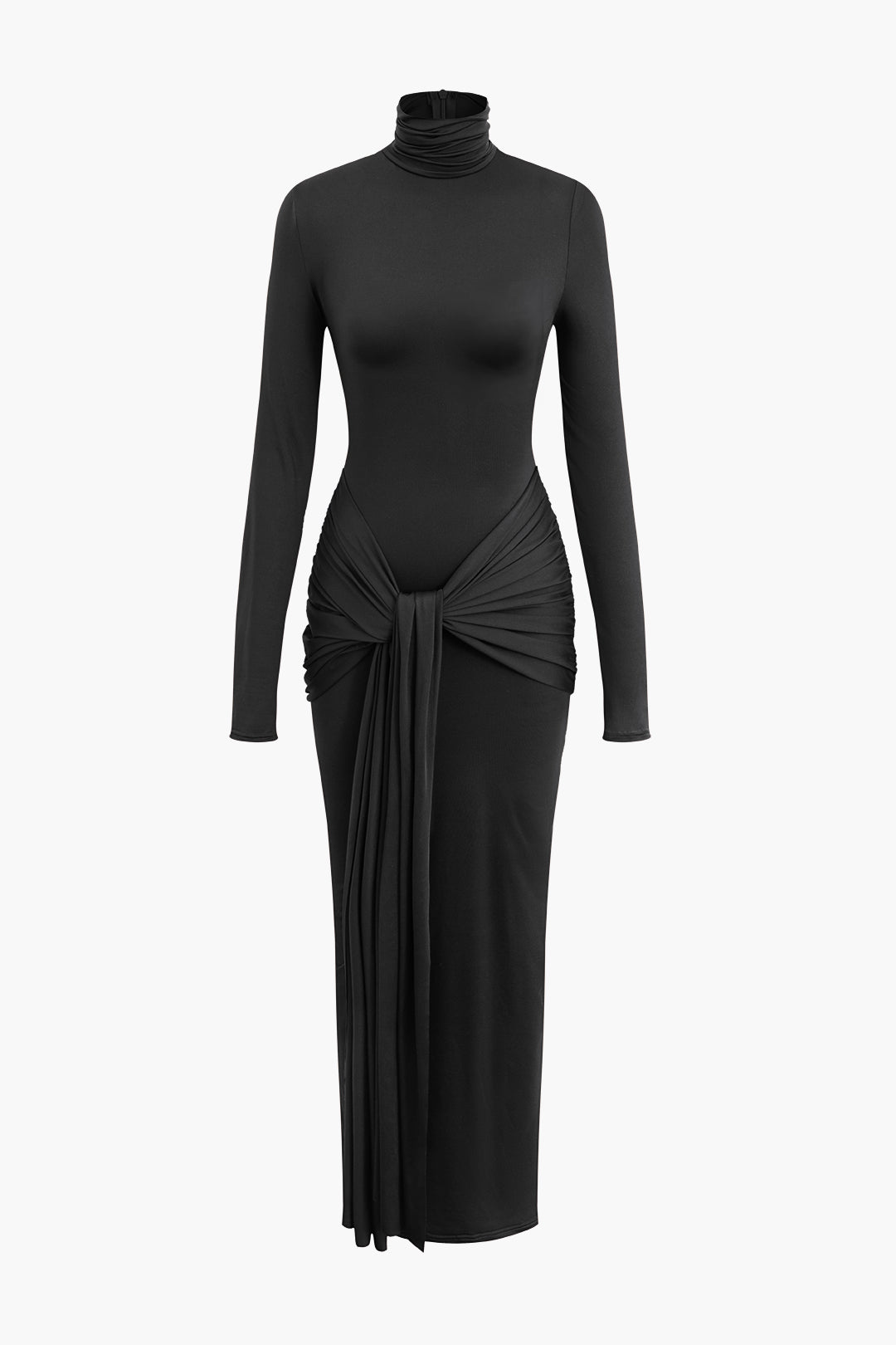 JY Solid Color Vintage Wrap Ruched High Neck Long Sleeve Maxi Dress / Solid Color Vintage Wrap Ruched High Neck Long Sleeve Maxi Dress