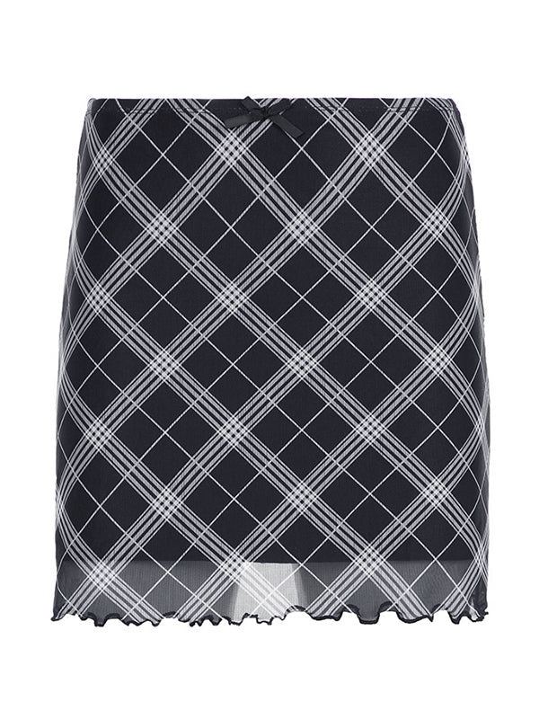 Blue Vintage Plaid Mesh Mini Skirt with Bow