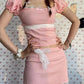 Pink Y2K Crop Top with Puff Sleeves and Lace Trim