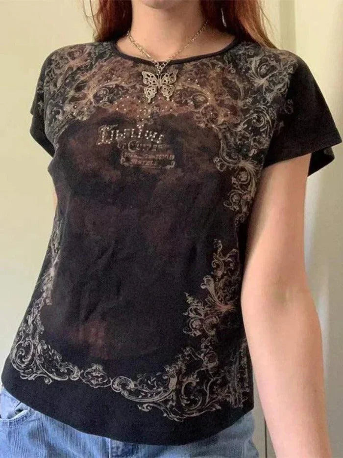 Black grunge t-shirt with rhinestone print