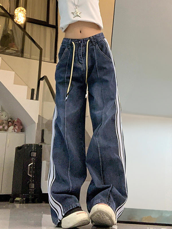 Faded boyfriend jeans with splice piping and drawstring