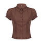 Brown Vintage Slim Fit Pleated Short Sleeve Shirt 