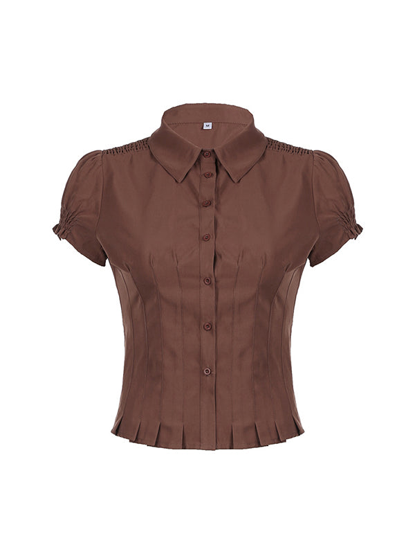 Brown Vintage Slim Fit Pleated Short Sleeve Shirt 