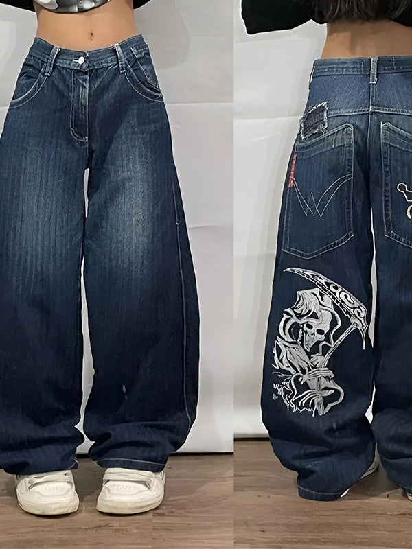 Blue Y2K boyfriend jeans with personalized pattern and loose straight fit