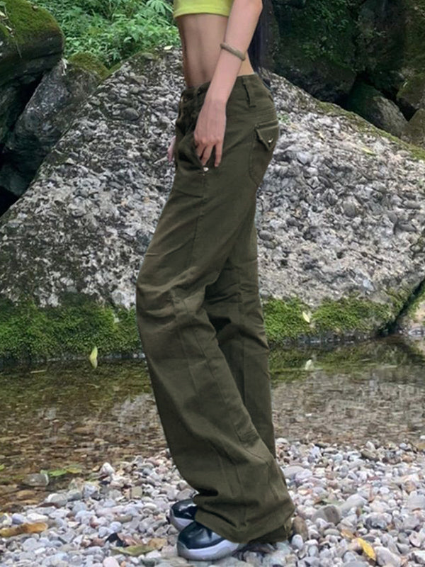 Green vintage low waist flare cargo jeans