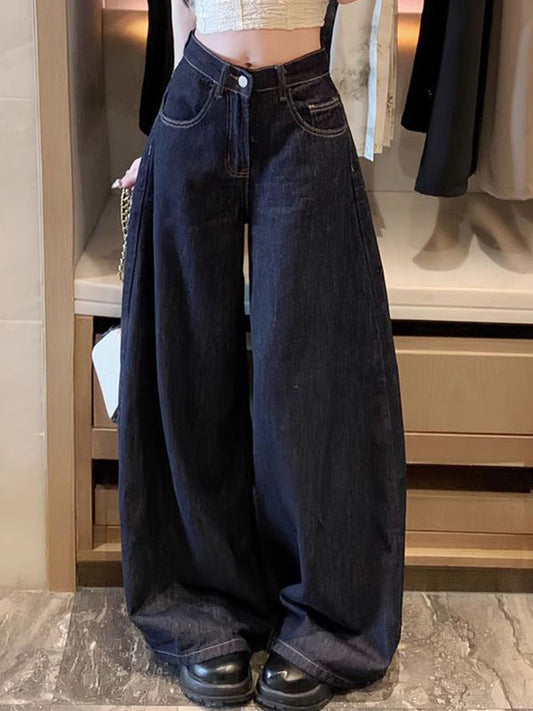 Blaue Vintage Gewaschene Jeans mit Weitem Bein