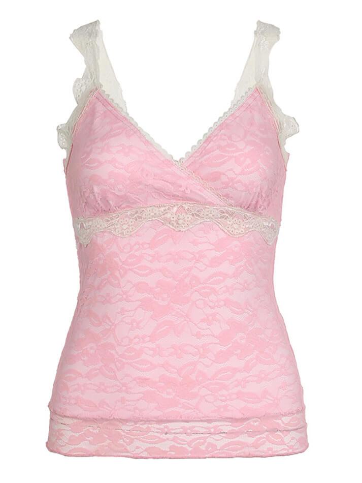 Pink Lace V-Neck Tank Top