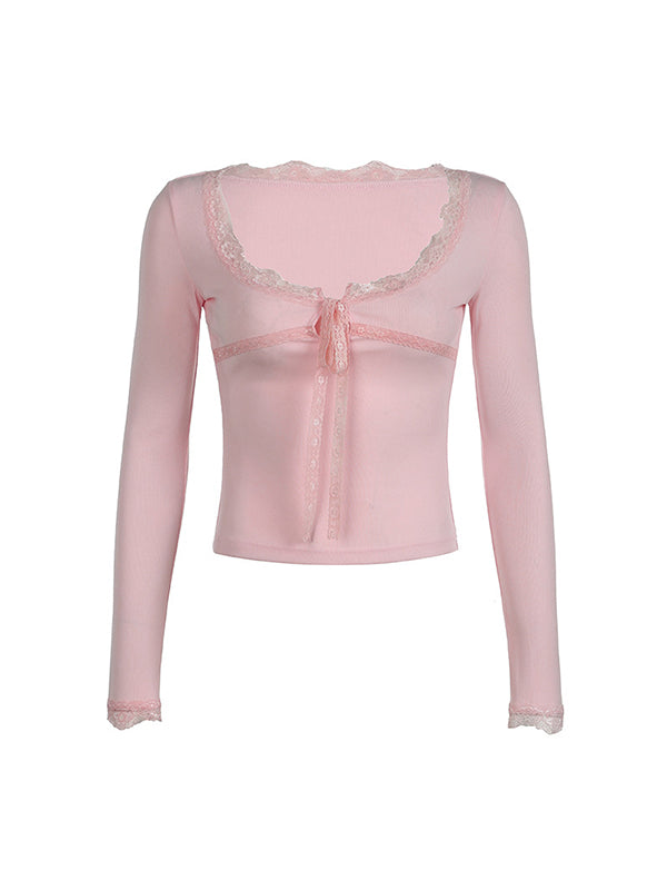 Pink Y2K Lace Up Long Sleeve U Neck Top