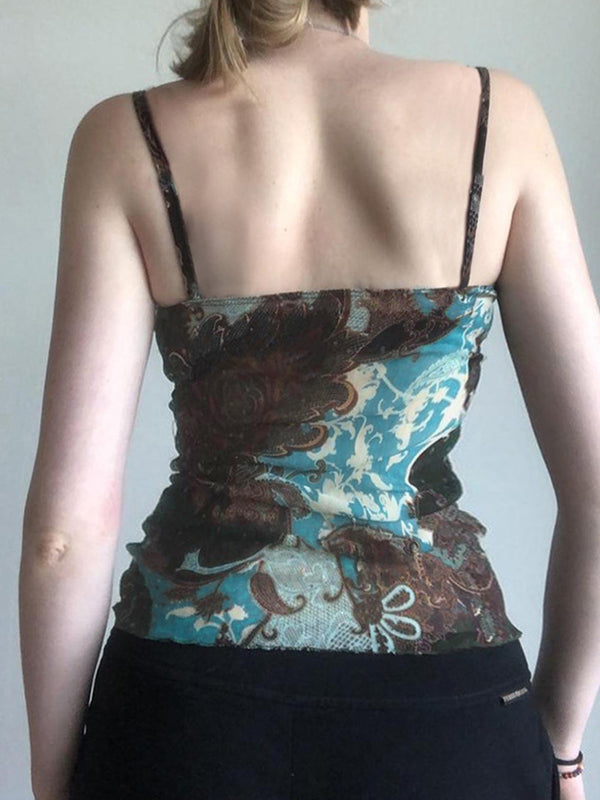 Braunes Vintage Trägertop mit Botanischen Prints