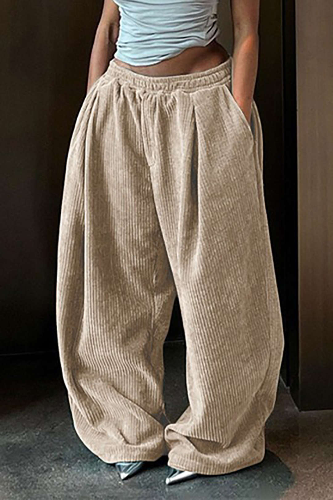 Retro Tan Solid Pleated Wide Leg Pants